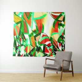 霧雨のオレンジ色の赤い画像に緑がかった筋 タペストリー