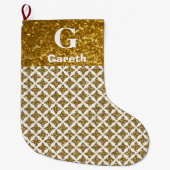 霧雨の眩しいクリスマスの輝く金ゴールド星 ラージクリスマスストッキング (正面)