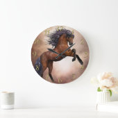 霧雲で育ち上がるフリジアン褐色馬1 ラージ壁時計 (ホーム)