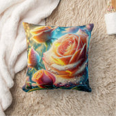 露の付いたピンク、オレンジ、黄色のバラ クッション (ブランケット)