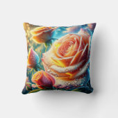 露の付いたピンク、オレンジ、黄色のバラ クッション (裏面)