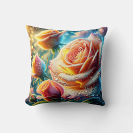 露の付いたピンク、オレンジ、黄色のバラ クッション