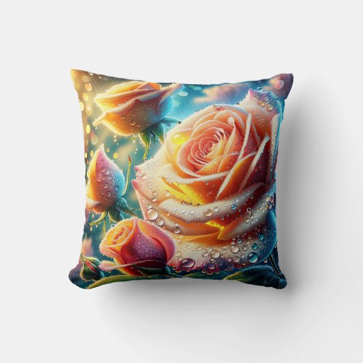 露の付いたピンク、オレンジ、黄色のバラ クッション (正面)
