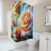 露の付いたピンク、オレンジ、黄色のバラ シャワーカーテン (インサイチュ)