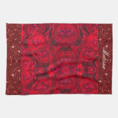 露の花の赤いバラ – 写真 キッチンタオル (横)