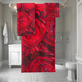 露の花の赤いバラ – 写真 バスタオルセット