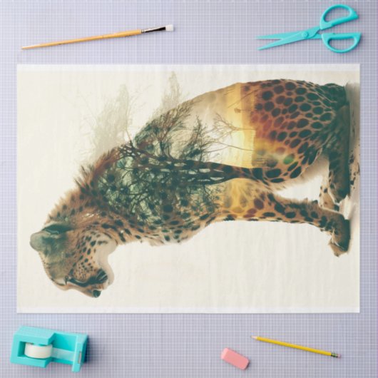 露出サンセットデジタルアートの切り離し上にチーター 薄葉紙 (クラフト)