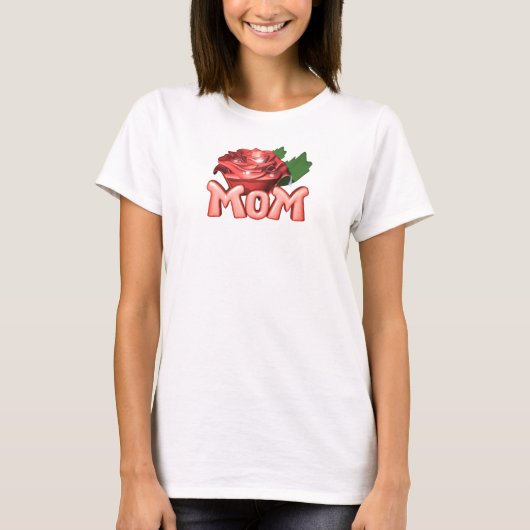 露滴る赤いバラとママ Tシャツ (正面)