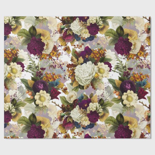 青々としたアンティークの花束が白い模様 ラッピングペーパー (フラット)