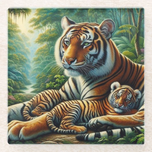 青々としたジャングルの中のトラと絵を描カブ ガラスコースター (正面)