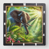 青々としたジャングルの葉の中に立つ象 スクエア壁時計 (正面)