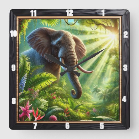 青々としたジャングルの葉の中に立つ象 スクエア壁時計 (正面)