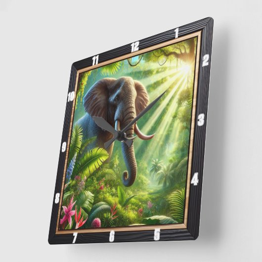 青々としたジャングルの葉の中に立つ象 スクエア壁時計 (傾斜)