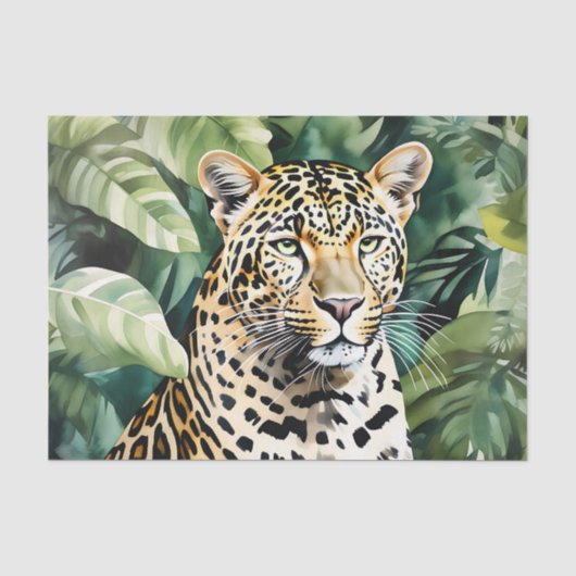 青々としたジャングルの葉を生えたヒョウ 薄葉紙 (正面)