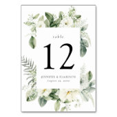 青々とした白い花と緑の枠結婚の テーブルナンバー (正面)