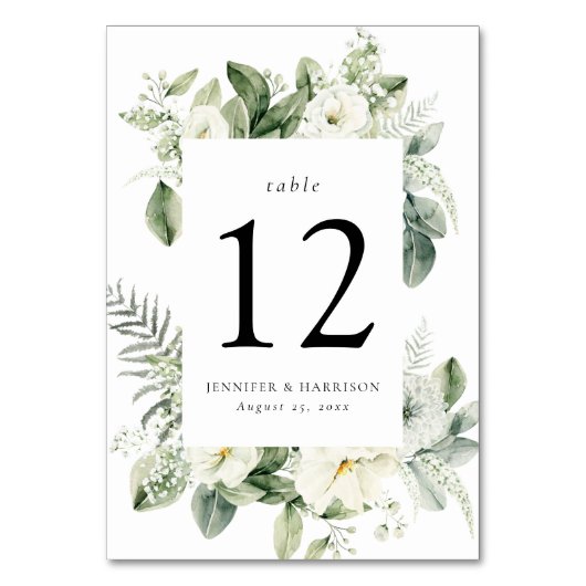青々とした白い花と緑の枠結婚の テーブルナンバー (正面)