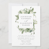 青々とした白い花と緑の枠結婚の 招待状 (正面)