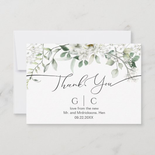 青々とした白結婚い花 サンキューカード (正面)
