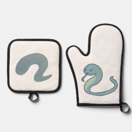 青々とした緑の可愛いへび 鍋つかみ&鍋敷きセット