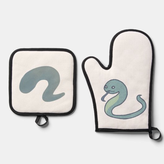 青々とした緑の可愛いへび 鍋つかみ&鍋敷きセット (正面)