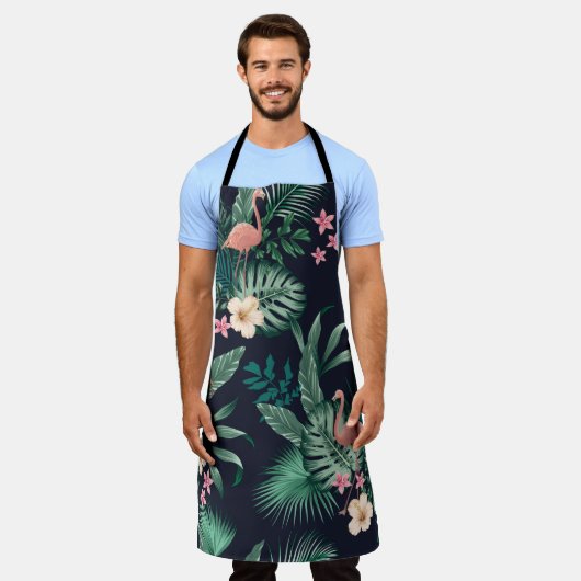 青々とした葉、流れを持つシームレスな熱帯模様 エプロン (着用した状態)