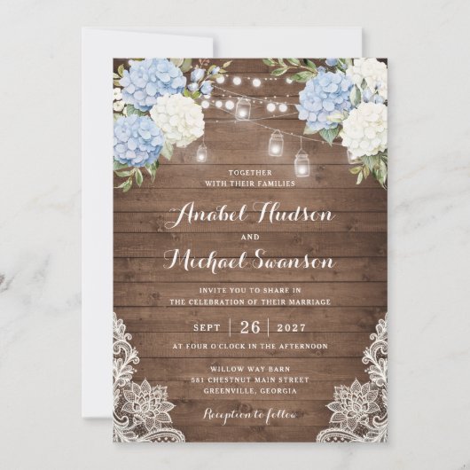青あじさいウッドレースストリングライト結婚ズ 招待状 (正面)