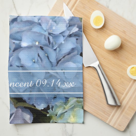 青あじさいフローラ結婚式の日付を保存 キッチンタオル (四つ折り)