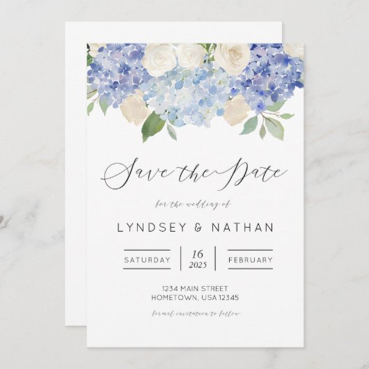 青あじさいフローラ結婚式の日付を保存 招待状 (正面/裏面)