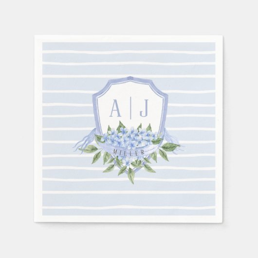青あじさいモノグラムクレストとストライプお願い スタンダードカクテルナプキン (正面)