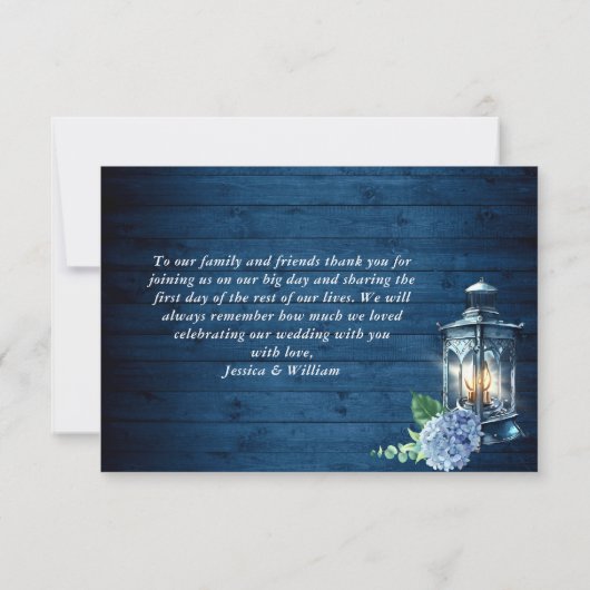 青あじさいランタンネイビーウッドフォト結婚ズ サンキューカード (裏面)