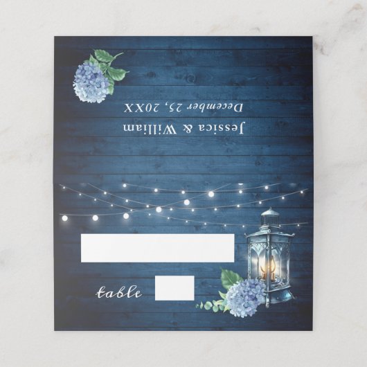 青あじさいランタンネイビー結婚ウッドのテーブル プレイスカード (外部開封)