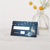 青あじさいランタンネイビー結婚ウッドのテーブル プレイスカード (正面)