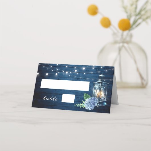 青あじさいランタンネイビー結婚ウッドのテーブル プレイスカード (正面)