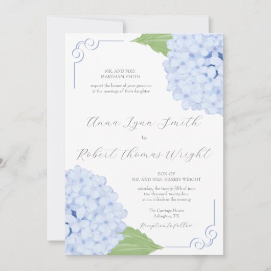青あじさい水の色のスクリプト結婚の 招待状 (正面)