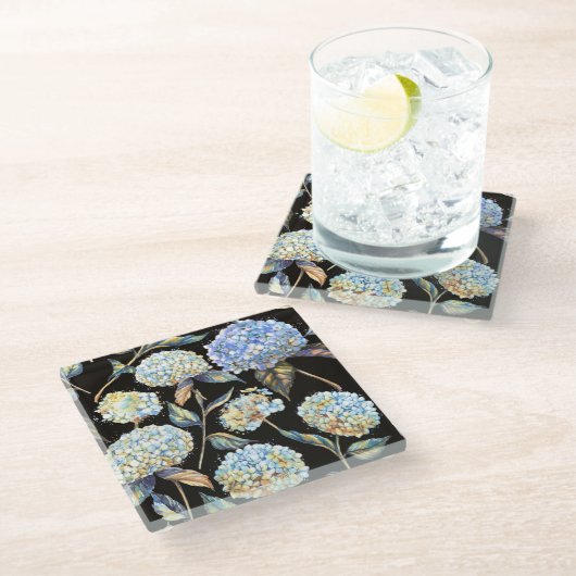 青あじさい水彩:ダークシームレスパターン ガラスコースター (アングル)