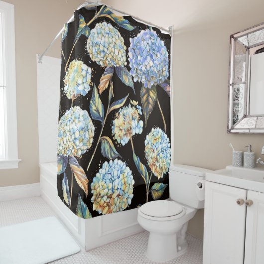 青あじさい水彩：ダークシームレスパターン シャワーカーテン (インサイチュ)