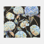 青あじさい水彩:ダークシームレスパターン フリースブランケット (正面(横))