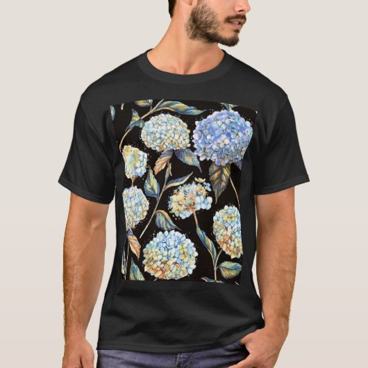 青あじさい水彩:ダークシームレスパターン Tシャツ (正面)