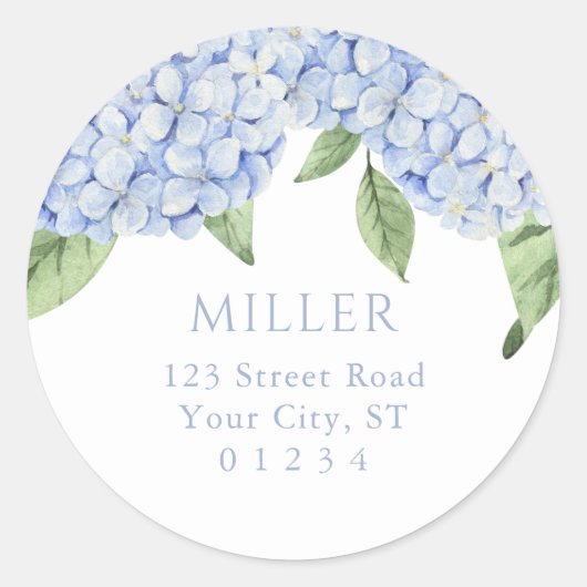 青あじさい花のアドパーソナライズされたレス ラウンドシール (正面)