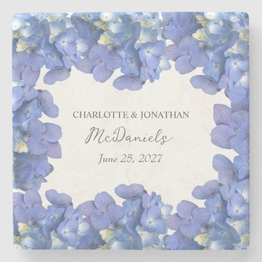 青あじさい花びら結婚の名パーソナライズされた前 ストーンコースター (正面)