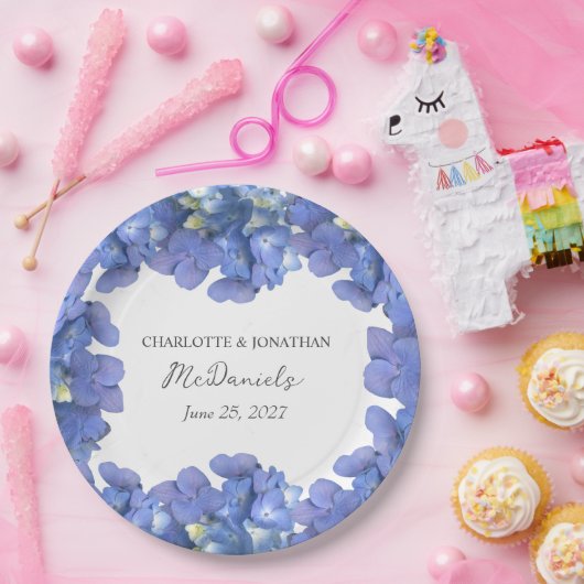 青あじさい花びら結婚の名パーソナライズされた前 ペーパープレート (パーティー)