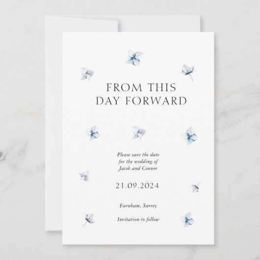 青あじさい花びら結婚式の日付カードを保存 セーブザデート (正面)