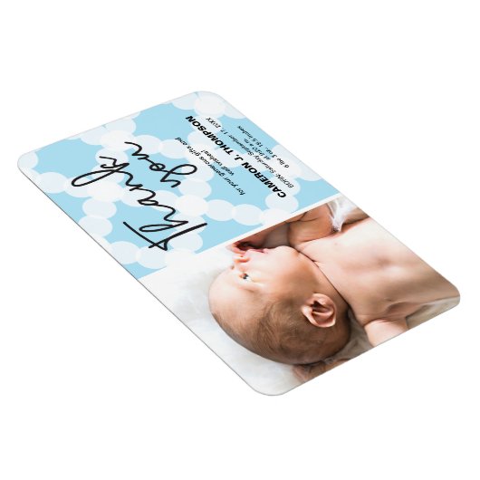青ありがとう男の赤ちゃん写真誕生のお知らせ マグネット (右側)