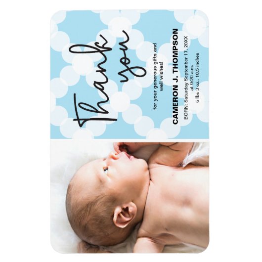 青ありがとう男の赤ちゃん写真誕生のお知らせ マグネット (縦)