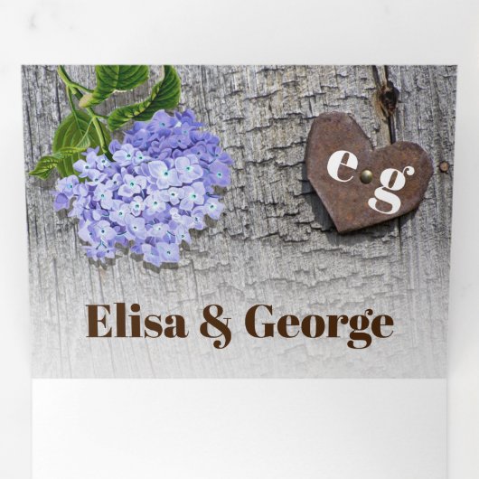 青いあじさいとハートの木の素朴な結婚上 三つ折り招待状 (内部最初)