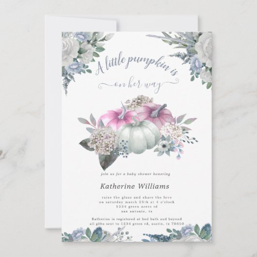 青いあじさいカボチャ赤ちゃんシャワー招待状 (正面)