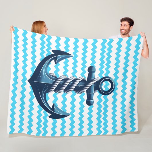 青いいかりと青い波 フリースブランケット (インサイチュ)