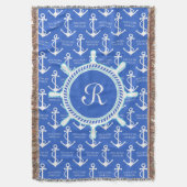 青いいかりの沿岸航海のなモノグラム スローブランケット (正面縦)