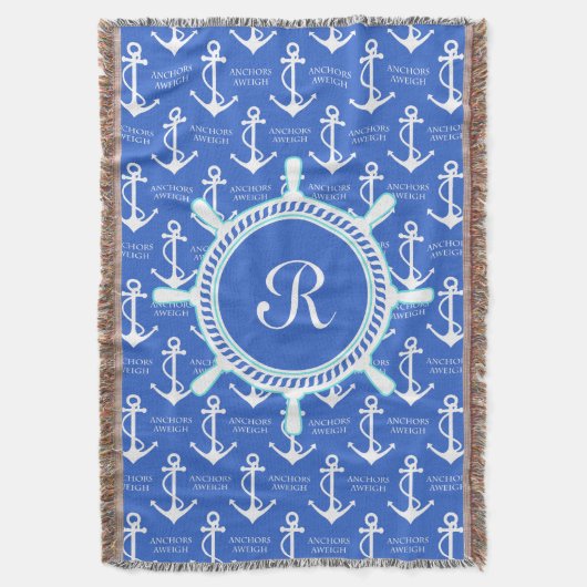青いいかりの沿岸航海のなモノグラム スローブランケット (正面縦)