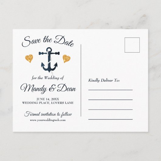 青いいかりゴールデンハート日付はがきを保存 案内ポストカード (裏面)